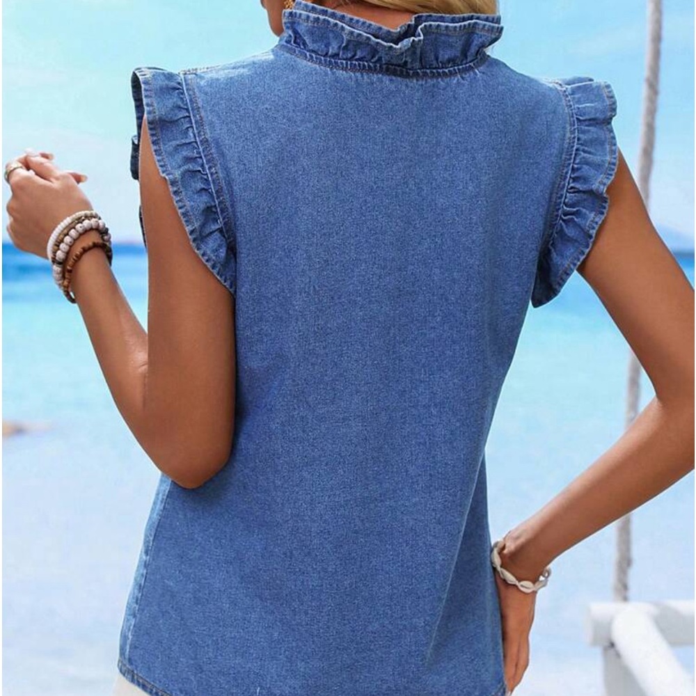 New denim sleeveless button down top - Picture 5 of 7
